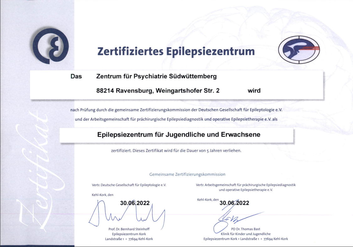Zertifizierung als Epilepsiezentrum für Jugendliche und Erwachsene