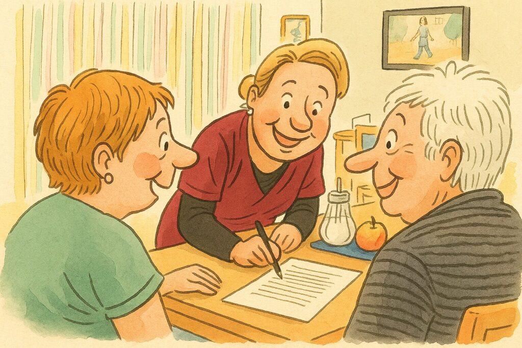 Illustration: Fachkraft berät ältere Patientin und Angehörige am Tisch.