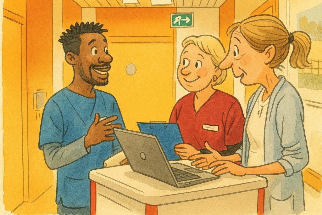 Illustration: Medizinisches Team bespricht lächelnd Daten am Laptop im Flur.