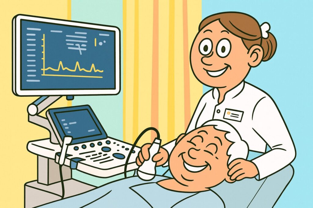 Illustration: Ärztin führt einen Ultraschall bei einer älteren Patientin durch.